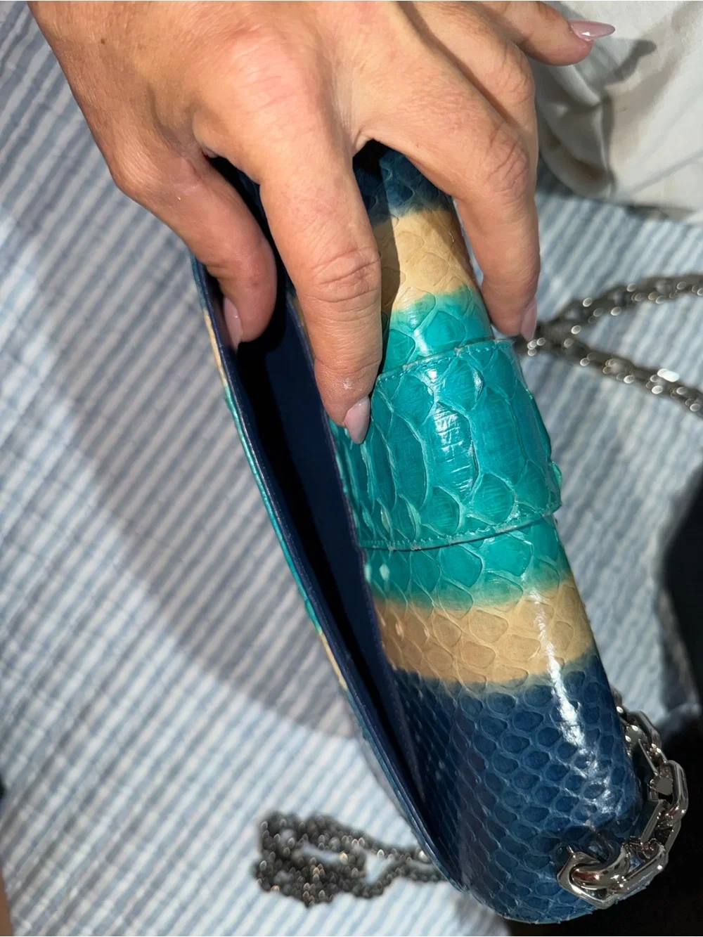 Cristian Dior Blue Teal Cream Python-Embossed Crossbody Bag